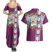 Merry Christmas Couples Matching Summer Maxi Dress and Hawaiian Shirt Funny Santa Claus Cards Photo and Polynesian Pattern Pink Color