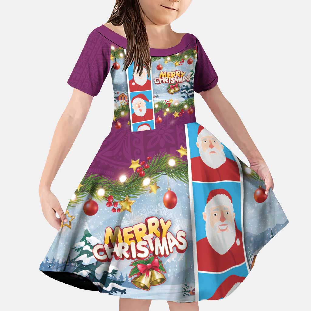 Merry Christmas Family Matching Mermaid Dress and Hawaiian Shirt Funny Santa Claus Cards Photo and Polynesian Pattern Pink Color LT03 Daughter's Dress Pink - Polynesian Pride