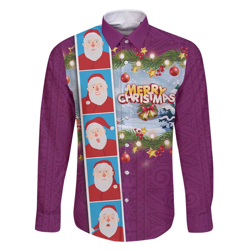 Merry Christmas Family Matching Mermaid Dress and Hawaiian Shirt Funny Santa Claus Cards Photo and Polynesian Pattern Pink Color LT03 Dad's Shirt - Long Sleeve Pink - Polynesian Pride