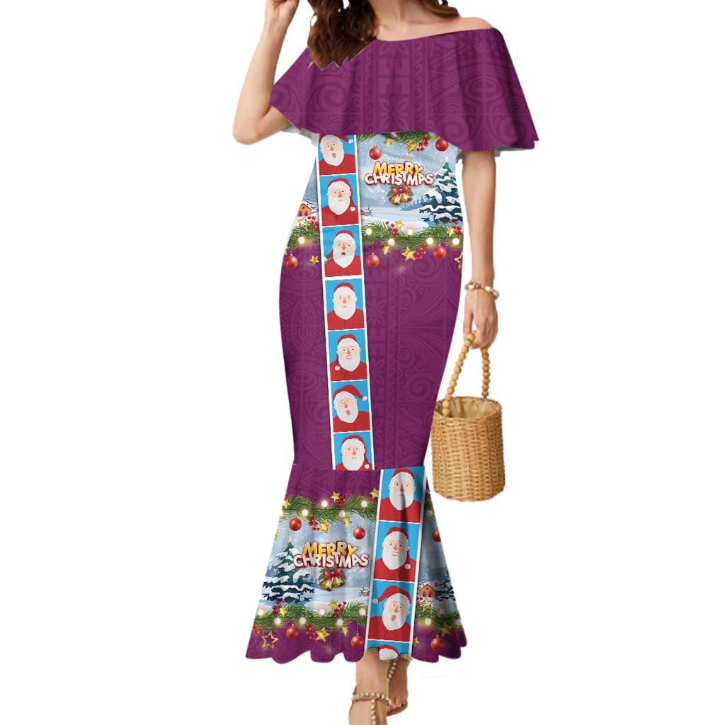 Merry Christmas Mermaid Dress Funny Santa Claus Cards Photo and Polynesian Pattern Pink Color