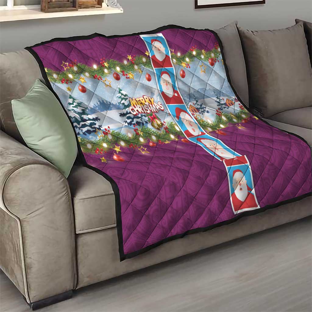 Merry Christmas Quilt Funny Santa Claus Cards Photo and Polynesian Pattern Pink Color