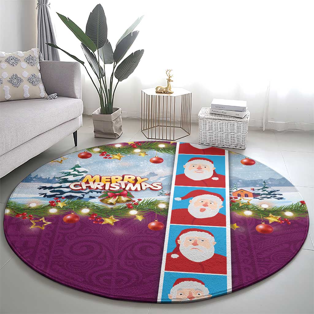 Merry Christmas Round Carpet Funny Santa Claus Cards Photo and Polynesian Pattern Pink Color