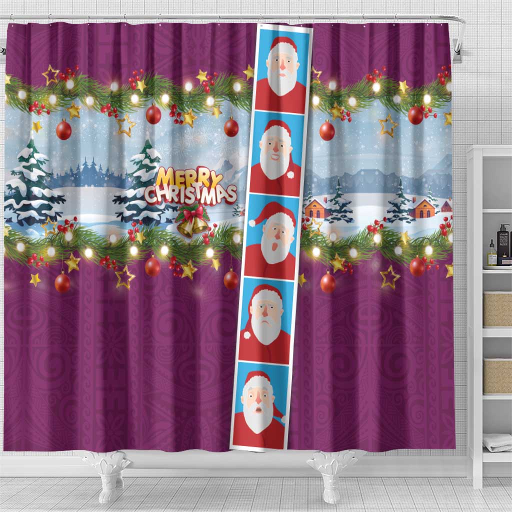 Merry Christmas Shower Curtain Funny Santa Claus Cards Photo and Polynesian Pattern Pink Color