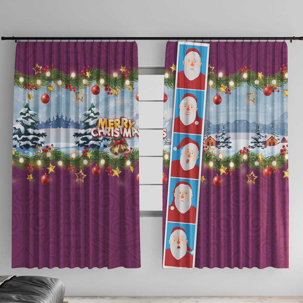 Merry Christmas Window Curtain Funny Santa Claus Cards Photo and Polynesian Pattern Pink Color LT03 With Hooks Pink - Polynesian Pride