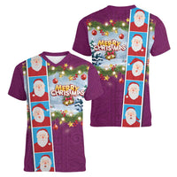 Merry Christmas Women V-Neck T-Shirt Funny Santa Claus Cards Photo and Polynesian Pattern Pink Color
