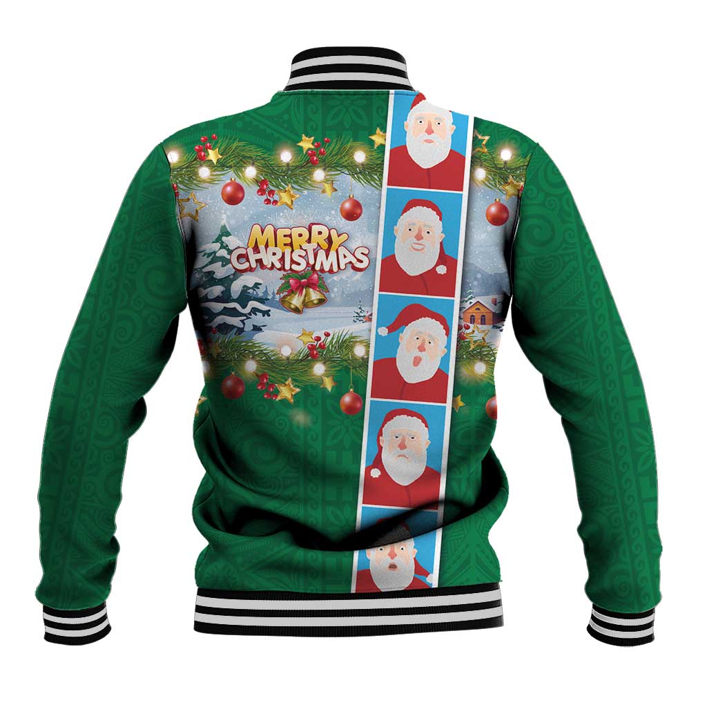 Merry Christmas Baseball Jacket Funny Santa Claus Cards Photo and Polynesian Pattern Green Color