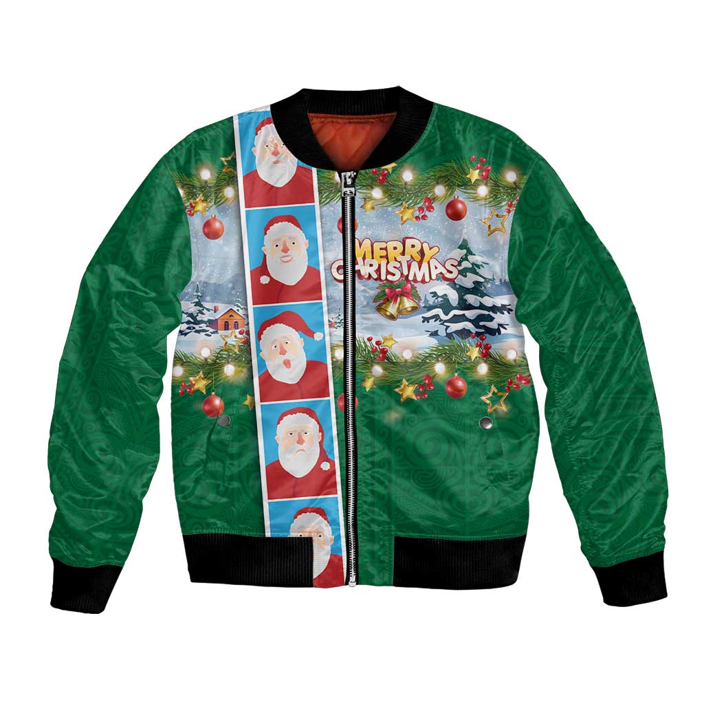 Merry Christmas Bomber Jacket Funny Santa Claus Cards Photo and Polynesian Pattern Green Color LT03 Unisex Green - Polynesian Pride