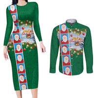Merry Christmas Couples Matching Long Sleeve Bodycon Dress and Long Sleeve Button Shirt Funny Santa Claus Cards Photo and Polynesian Pattern Green Color