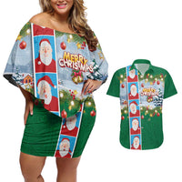 Merry Christmas Couples Matching Off Shoulder Short Dress and Hawaiian Shirt Funny Santa Claus Cards Photo and Polynesian Pattern Green Color