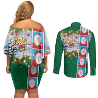 Merry Christmas Couples Matching Off Shoulder Short Dress and Long Sleeve Button Shirt Funny Santa Claus Cards Photo and Polynesian Pattern Green Color