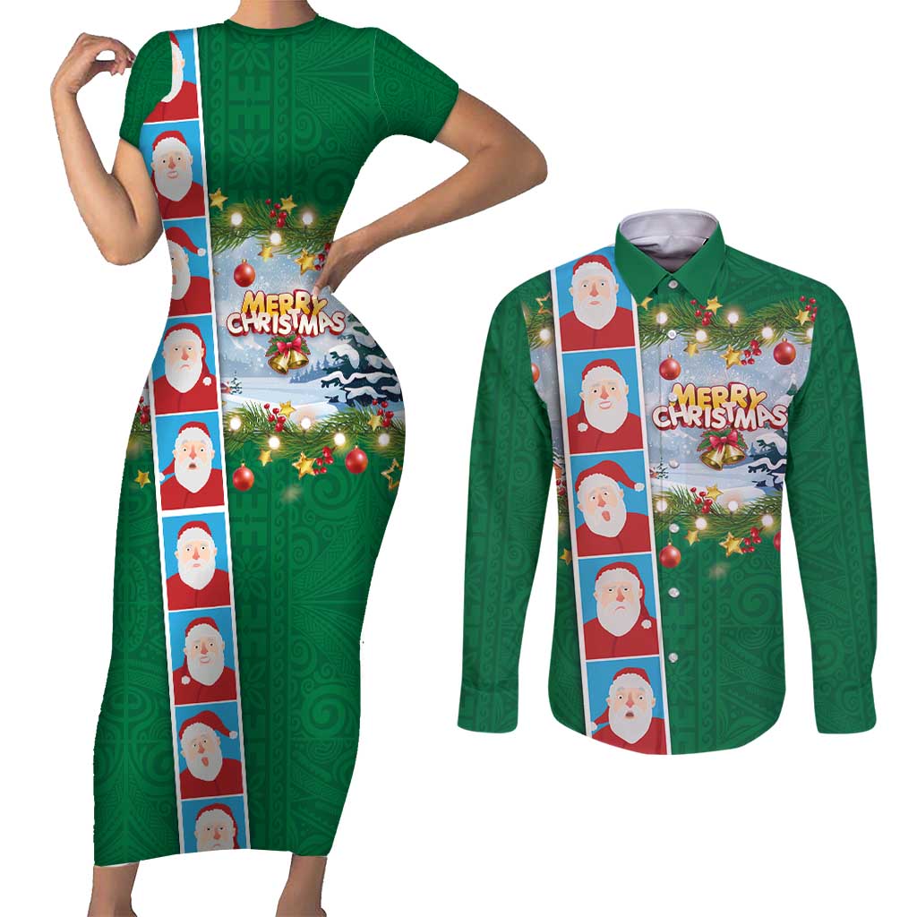 Merry Christmas Couples Matching Short Sleeve Bodycon Dress and Long Sleeve Button Shirt Funny Santa Claus Cards Photo and Polynesian Pattern Green Color