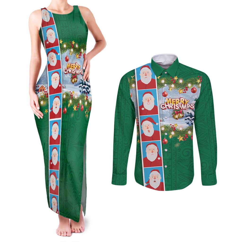 Merry Christmas Couples Matching Tank Maxi Dress and Long Sleeve Button Shirt Funny Santa Claus Cards Photo and Polynesian Pattern Green Color