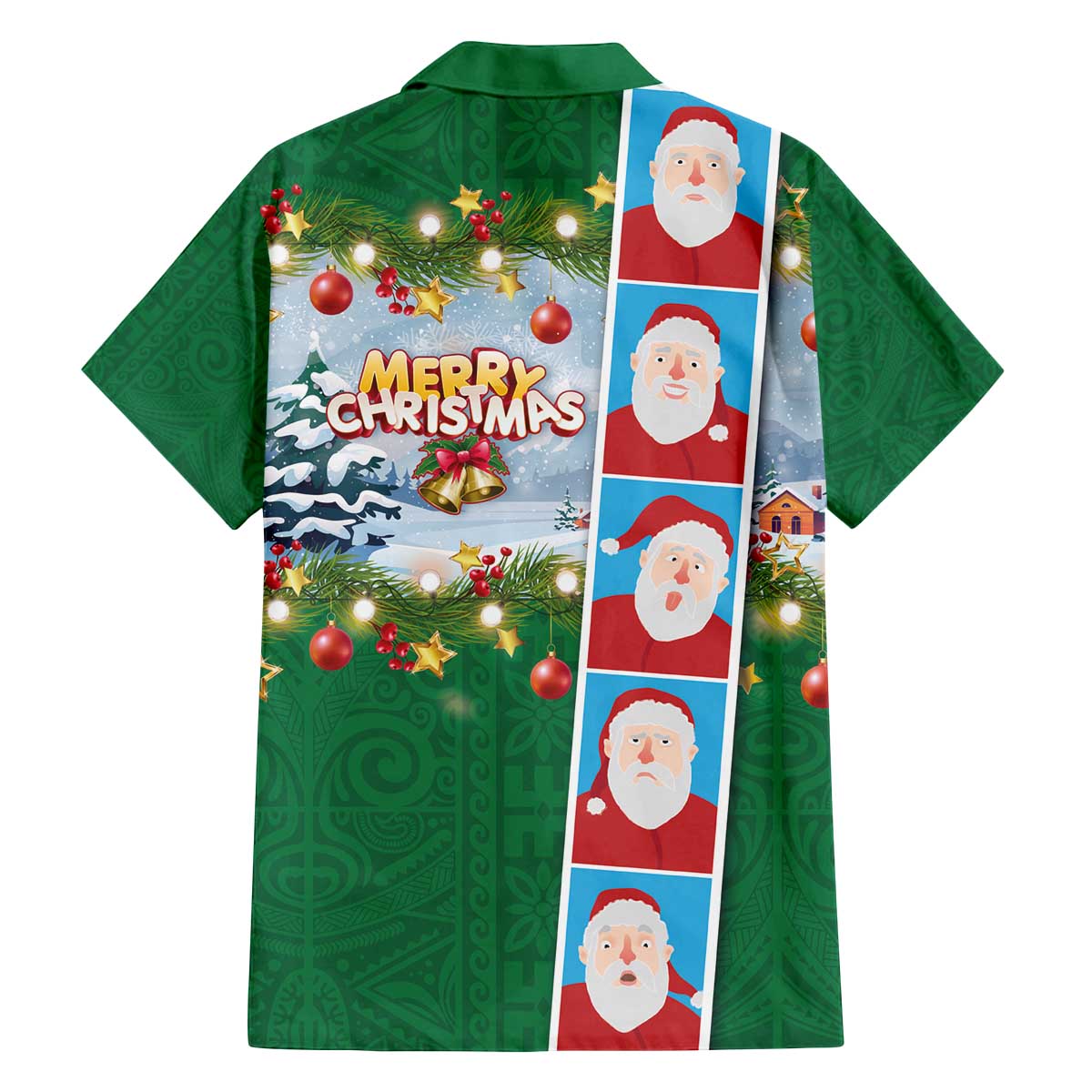 Merry Christmas Family Matching Off The Shoulder Long Sleeve Dress and Hawaiian Shirt Funny Santa Claus Cards Photo and Polynesian Pattern Green Color