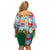 Merry Christmas Family Matching Off Shoulder Short Dress and Hawaiian Shirt Funny Santa Claus Cards Photo and Polynesian Pattern Green Color