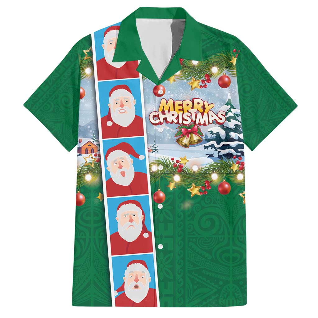 Merry Christmas Family Matching Short Sleeve Bodycon Dress and Hawaiian Shirt Funny Santa Claus Cards Photo and Polynesian Pattern Green Color LT03 Dad's Shirt - Short Sleeve Green - Polynesian Pride