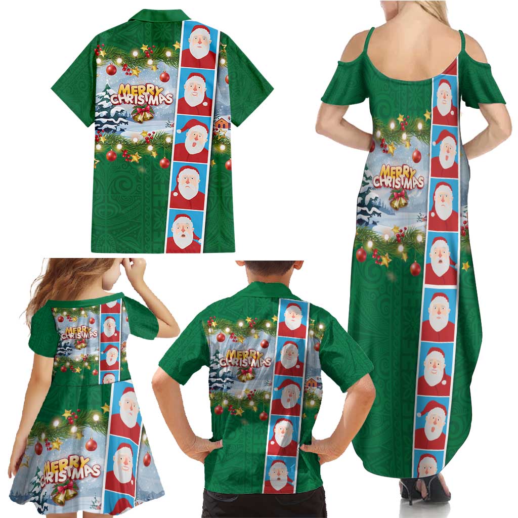 Merry Christmas Family Matching Summer Maxi Dress and Hawaiian Shirt Funny Santa Claus Cards Photo and Polynesian Pattern Green Color