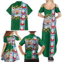 Merry Christmas Family Matching Summer Maxi Dress and Hawaiian Shirt Funny Santa Claus Cards Photo and Polynesian Pattern Green Color