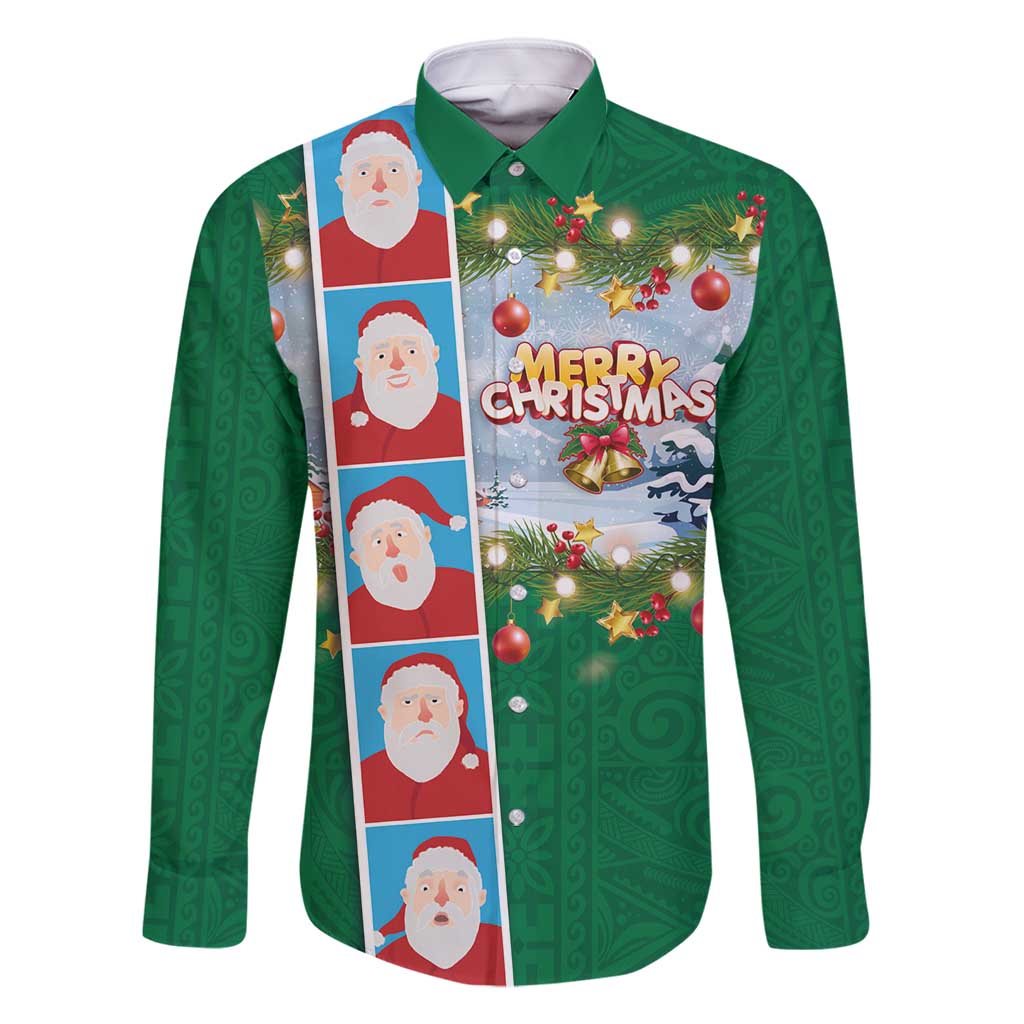 Merry Christmas Family Matching Summer Maxi Dress and Hawaiian Shirt Funny Santa Claus Cards Photo and Polynesian Pattern Green Color