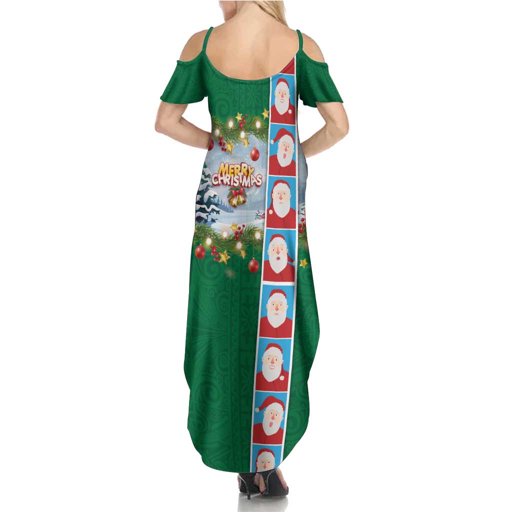Merry Christmas Family Matching Summer Maxi Dress and Hawaiian Shirt Funny Santa Claus Cards Photo and Polynesian Pattern Green Color