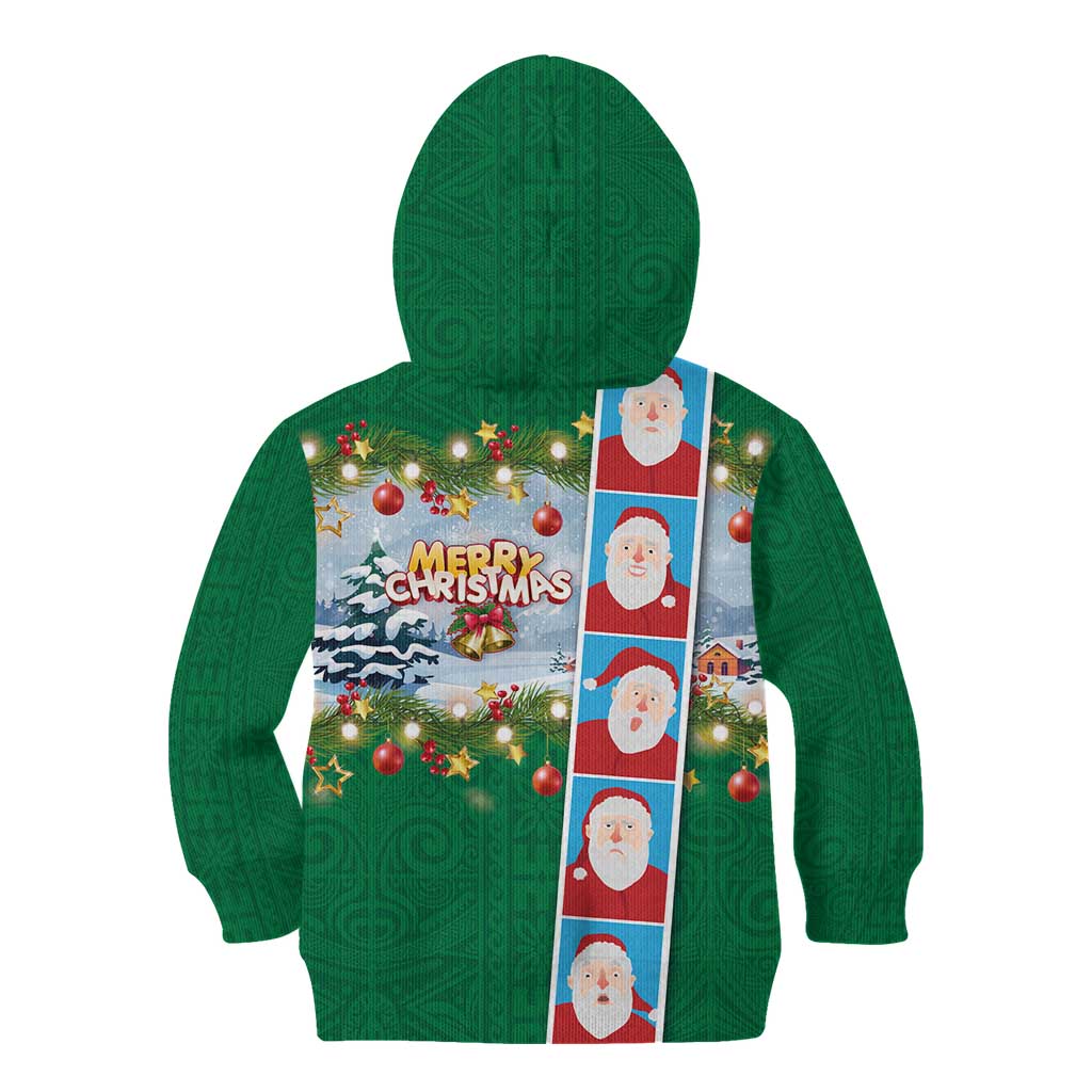 Merry Christmas Kid Hoodie Funny Santa Claus Cards Photo and Polynesian Pattern Green Color