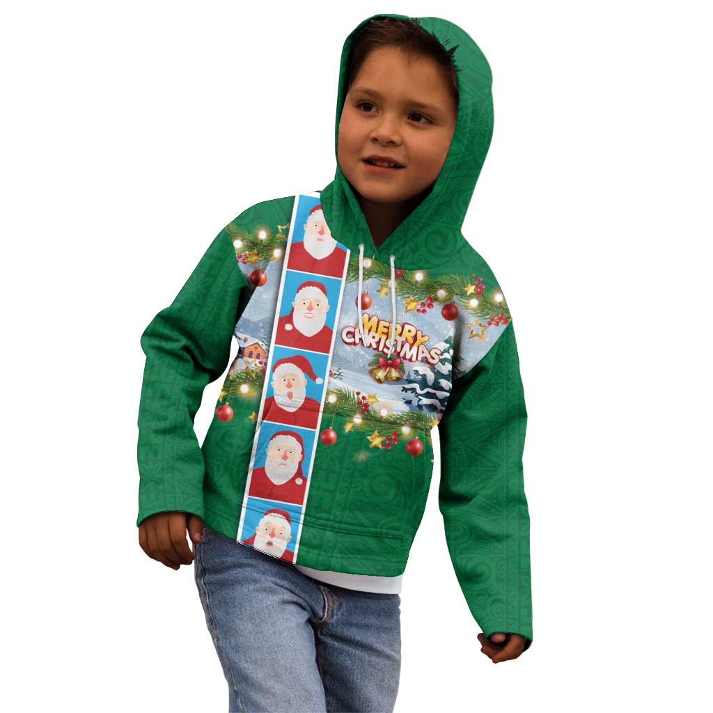 Merry Christmas Kid Hoodie Funny Santa Claus Cards Photo and Polynesian Pattern Green Color