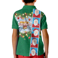 Merry Christmas Kid Polo Shirt Funny Santa Claus Cards Photo and Polynesian Pattern Green Color