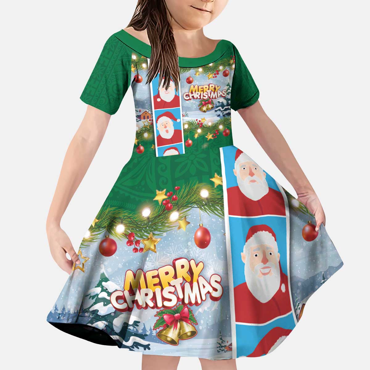 Merry Christmas Kid Short Sleeve Dress Funny Santa Claus Cards Photo and Polynesian Pattern Green Color LT03 KID Green - Polynesian Pride