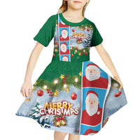 Merry Christmas Kid Short Sleeve Dress Funny Santa Claus Cards Photo and Polynesian Pattern Green Color