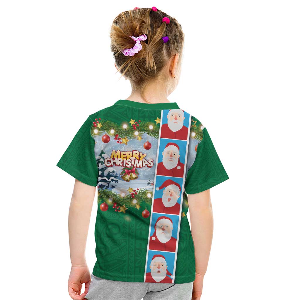 Merry Christmas Kid T Shirt Funny Santa Claus Cards Photo and Polynesian Pattern Green Color