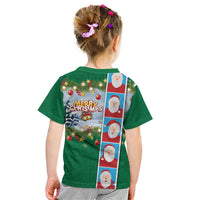 Merry Christmas Kid T Shirt Funny Santa Claus Cards Photo and Polynesian Pattern Green Color
