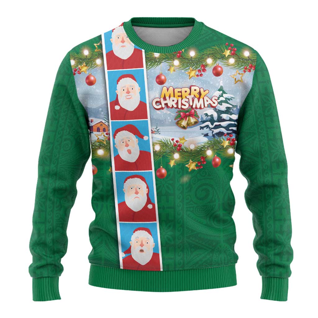 Merry Christmas Ugly Christmas Sweater Funny Santa Claus Cards Photo and Polynesian Pattern Green Color