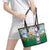Merry Christmas Leather Tote Bag Funny Santa Claus Cards Photo and Polynesian Pattern Green Color
