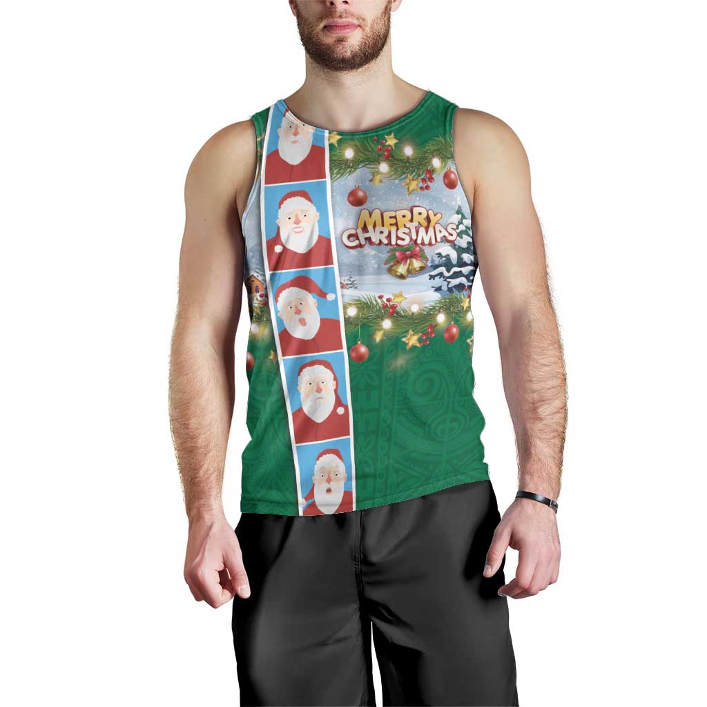 Merry Christmas Men Tank Top Funny Santa Claus Cards Photo and Polynesian Pattern Green Color