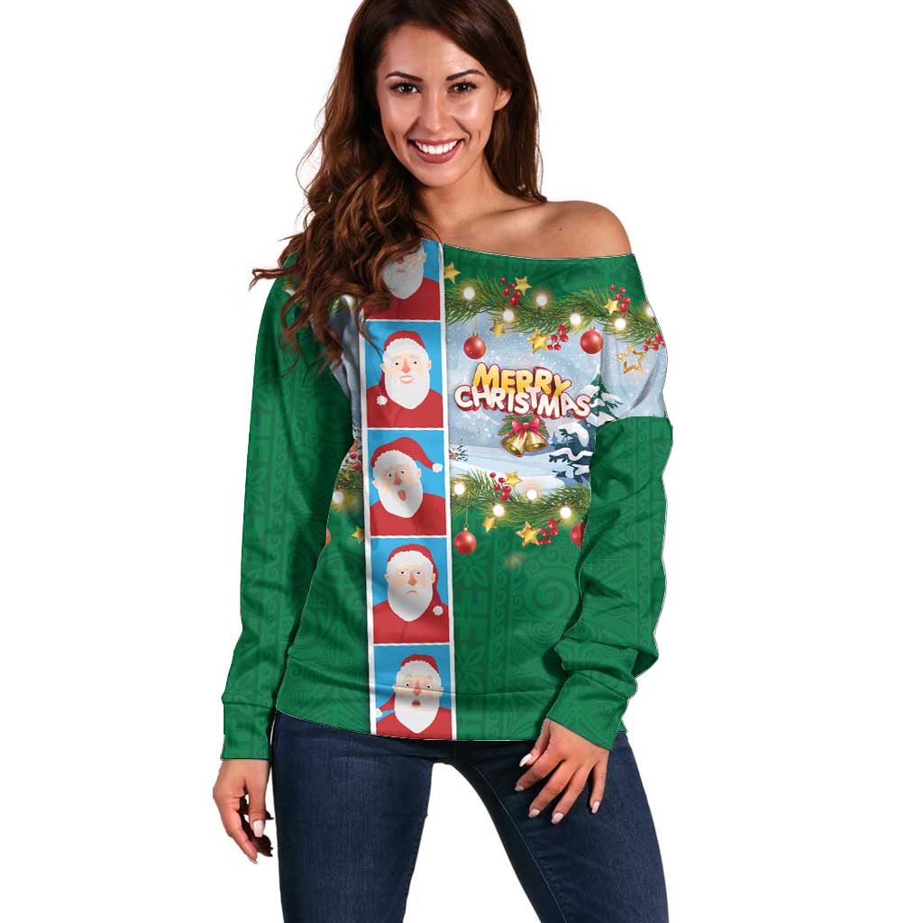 Merry Christmas Off Shoulder Sweater Funny Santa Claus Cards Photo and Polynesian Pattern Green Color LT03 Women Green - Polynesian Pride