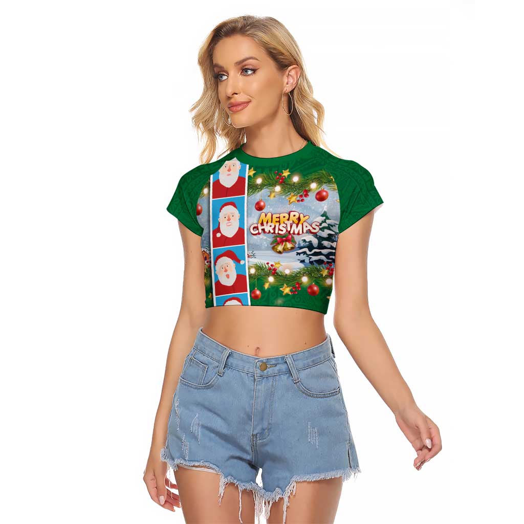 Merry Christmas Raglan Cropped T Shirt Funny Santa Claus Cards Photo and Polynesian Pattern Green Color