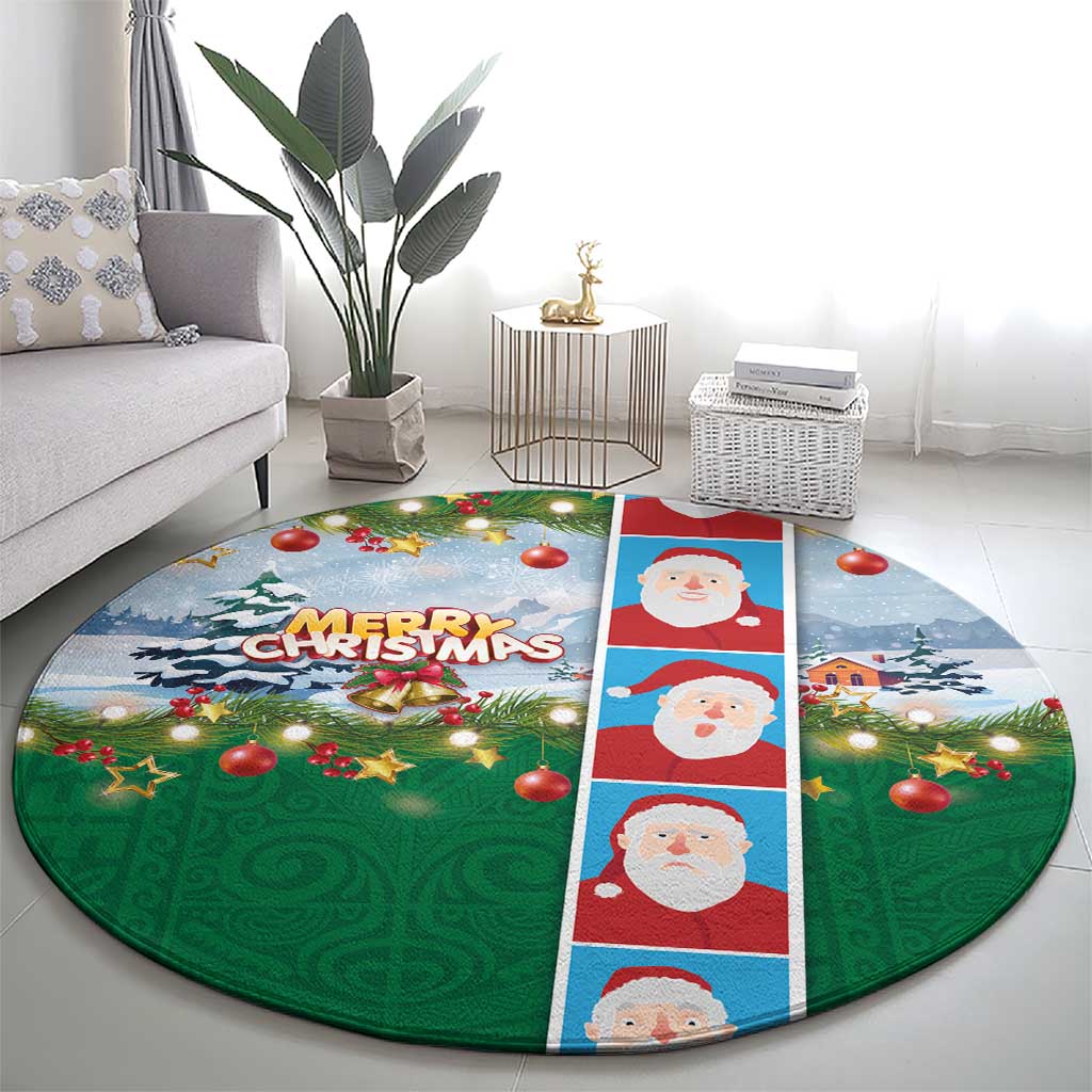 Merry Christmas Round Carpet Funny Santa Claus Cards Photo and Polynesian Pattern Green Color