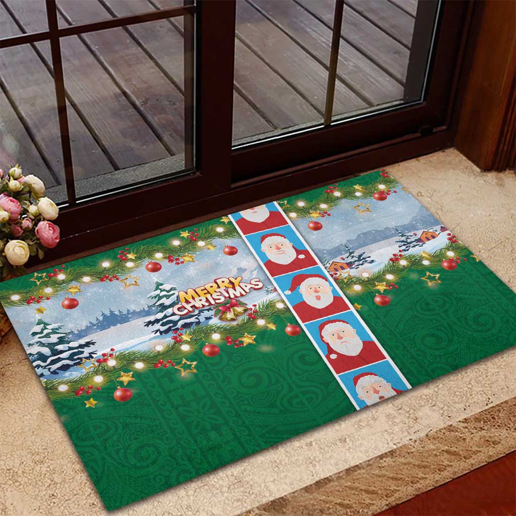 Merry Christmas Rubber Doormat Funny Santa Claus Cards Photo and Polynesian Pattern Green Color