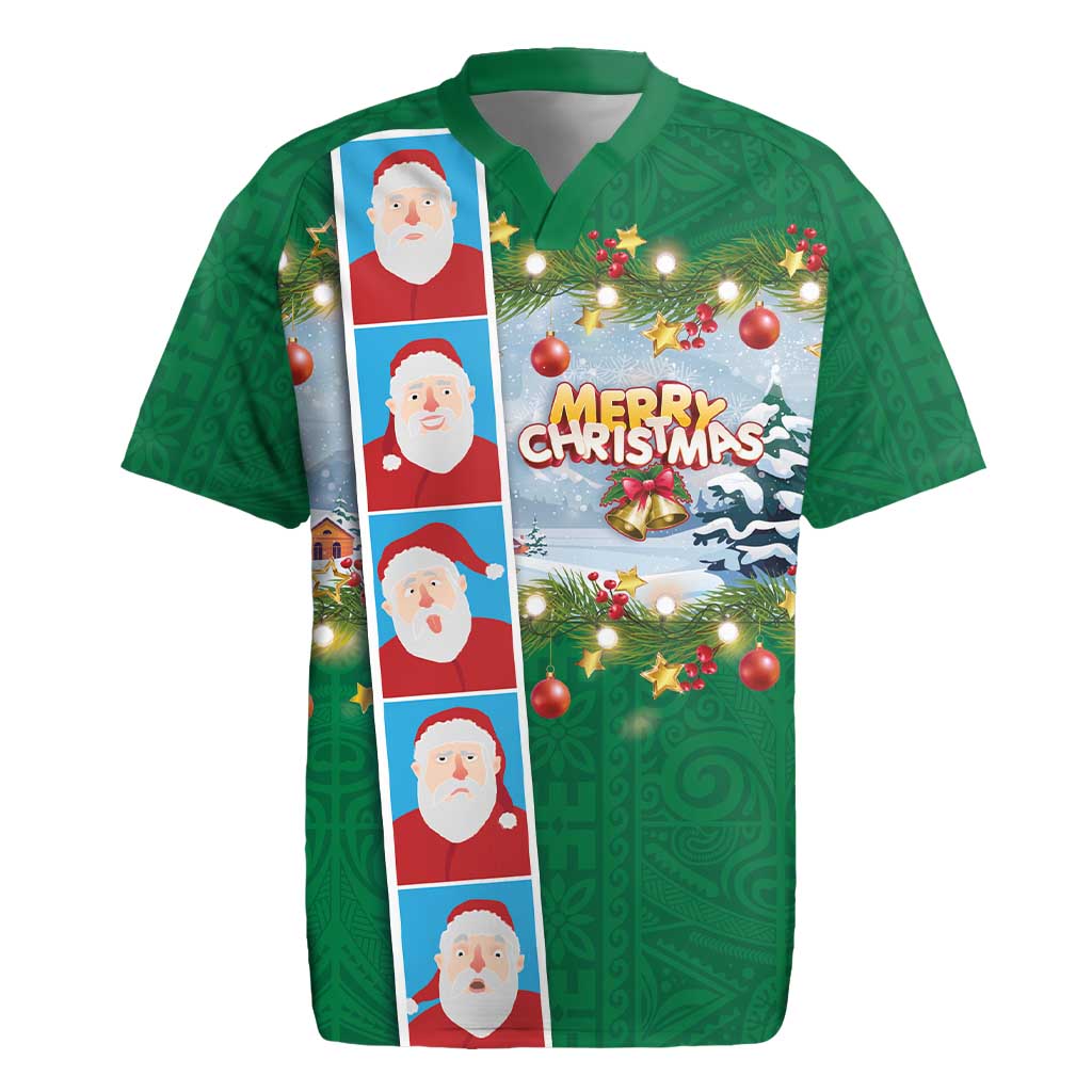 Merry Christmas Rugby Jersey Funny Santa Claus Cards Photo and Polynesian Pattern Green Color