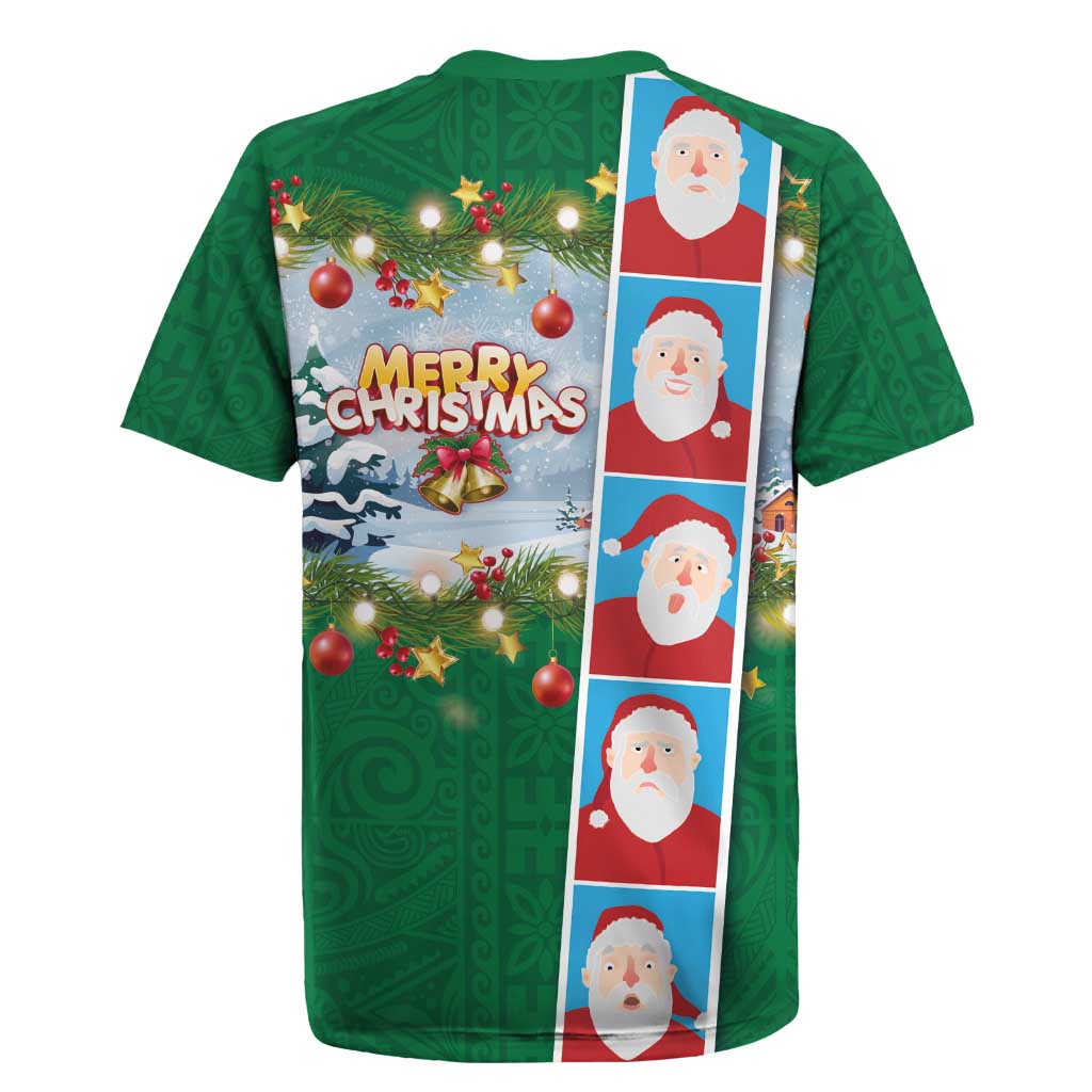 Merry Christmas Rugby Jersey Funny Santa Claus Cards Photo and Polynesian Pattern Green Color