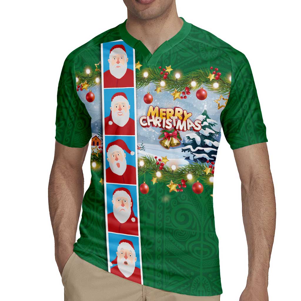 Merry Christmas Rugby Jersey Funny Santa Claus Cards Photo and Polynesian Pattern Green Color
