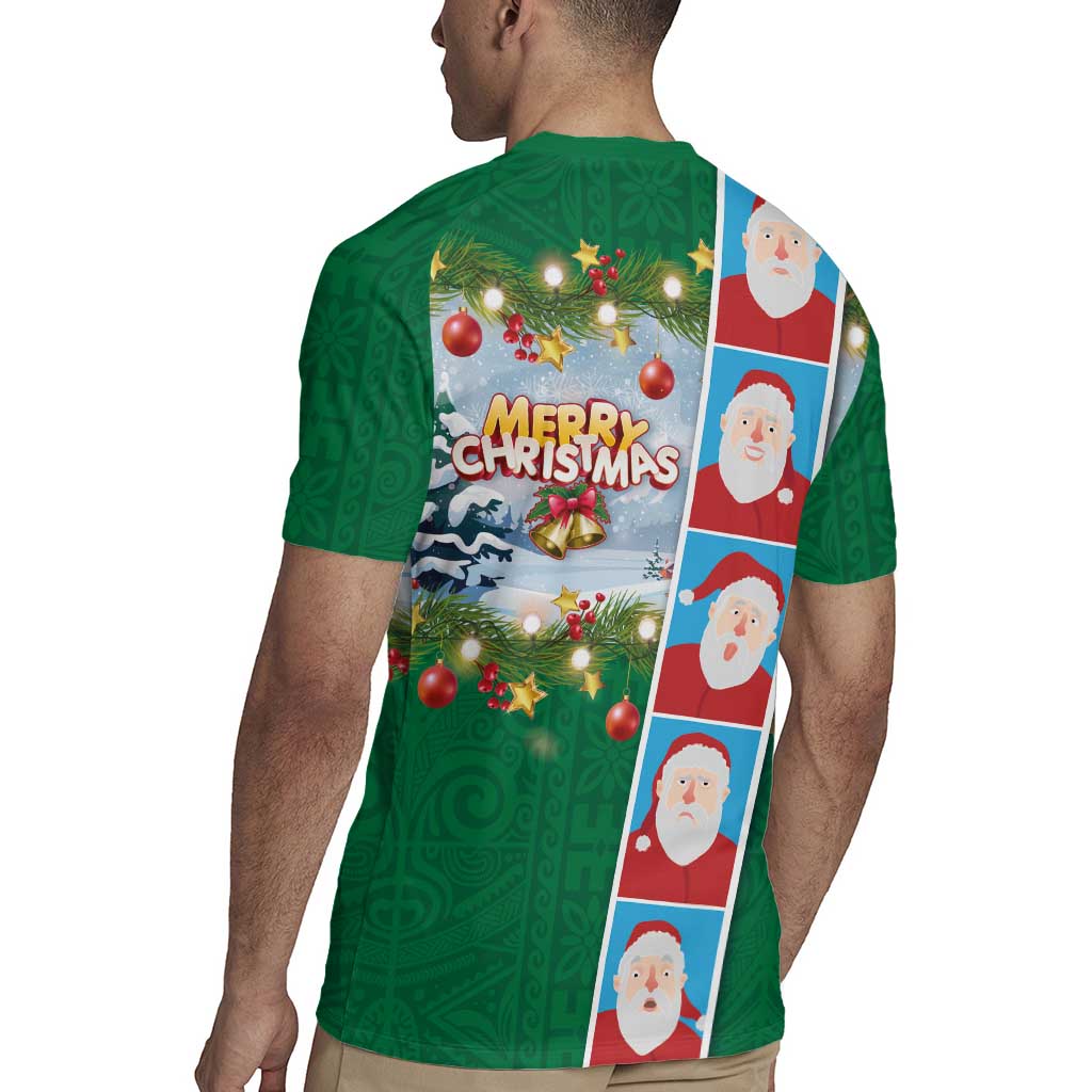 Merry Christmas Rugby Jersey Funny Santa Claus Cards Photo and Polynesian Pattern Green Color