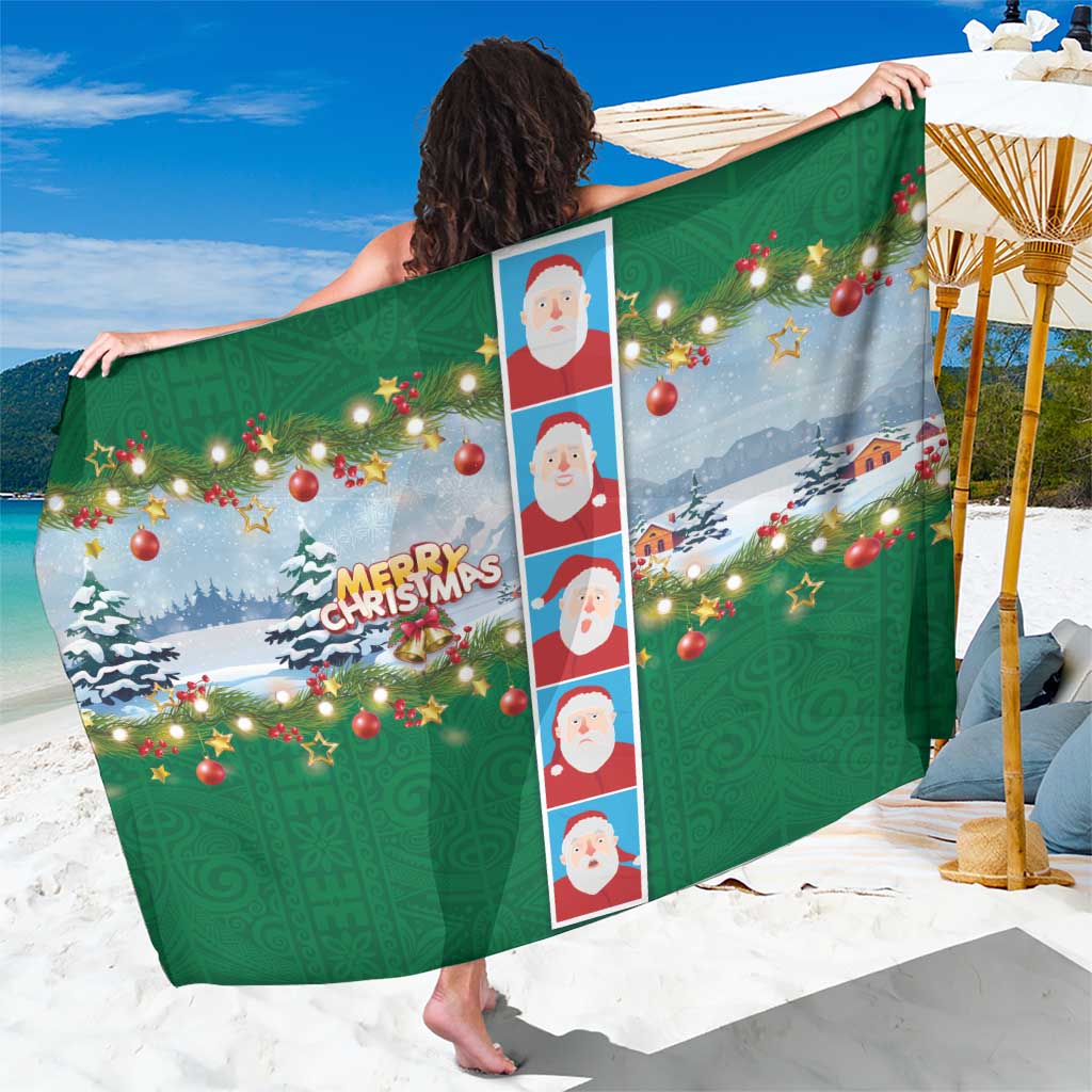 Merry Christmas Sarong Funny Santa Claus Cards Photo and Polynesian Pattern Green Color LT03 One Size 44 x 66 inches Green - Polynesian Pride