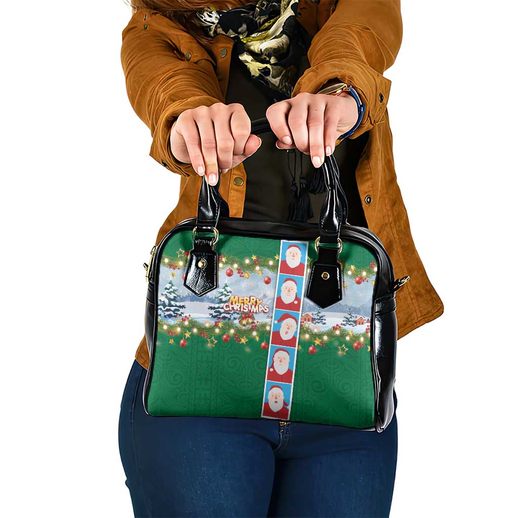 Merry Christmas Shoulder Handbag Funny Santa Claus Cards Photo and Polynesian Pattern Green Color LT03 One Size Green - Polynesian Pride