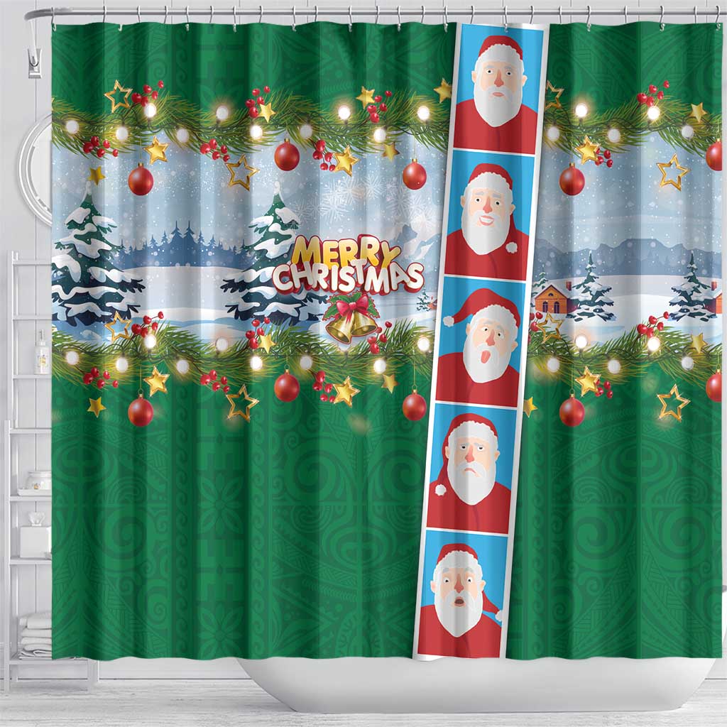 Merry Christmas Shower Curtain Funny Santa Claus Cards Photo and Polynesian Pattern Green Color