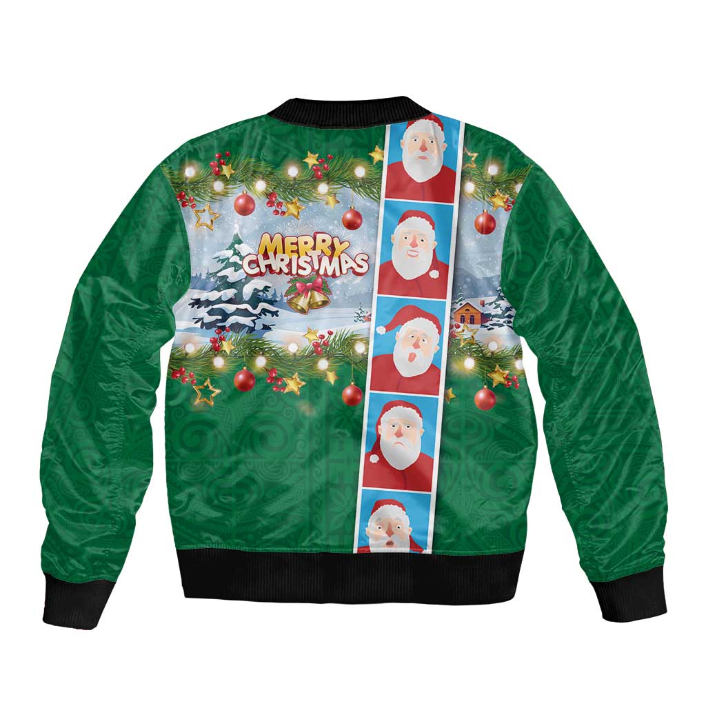 Merry Christmas Sleeve Zip Bomber Jacket Funny Santa Claus Cards Photo and Polynesian Pattern Green Color