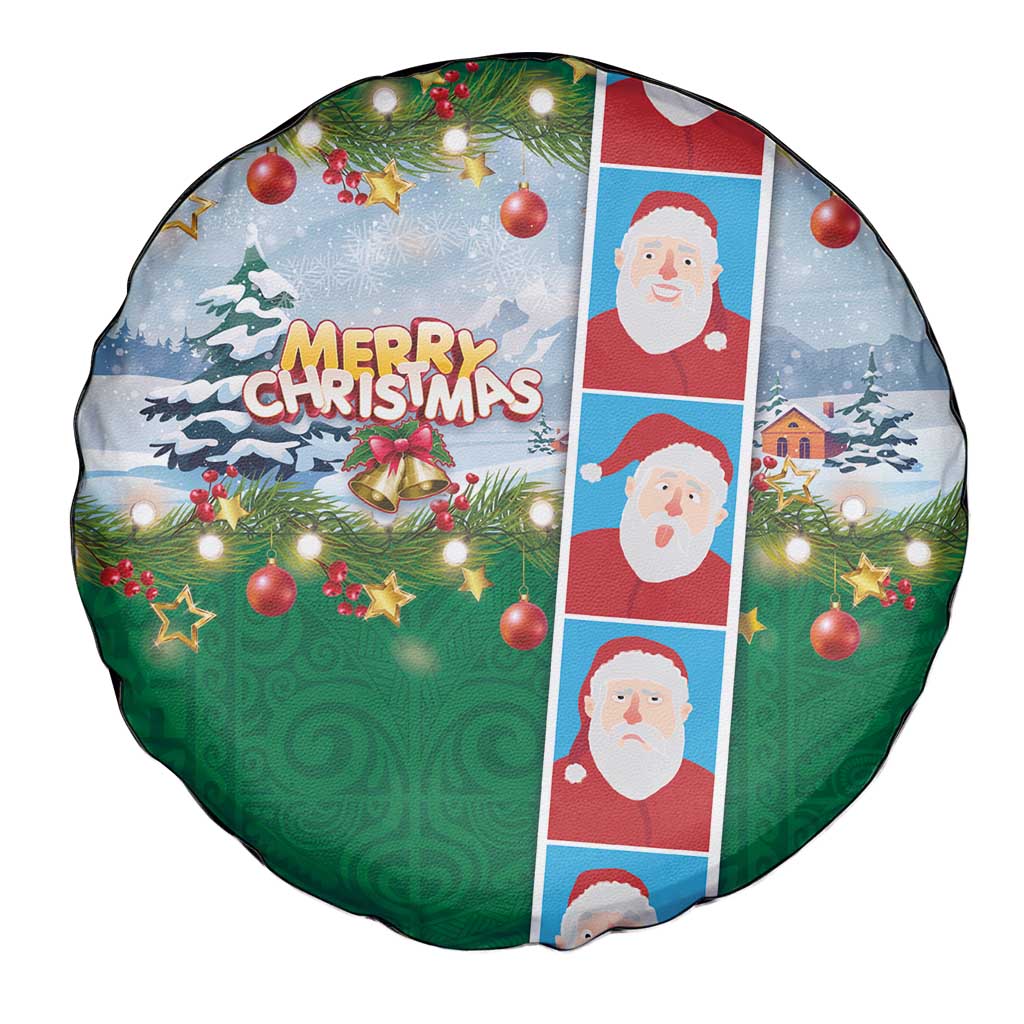 Merry Christmas Spare Tire Cover Funny Santa Claus Cards Photo and Polynesian Pattern Green Color
