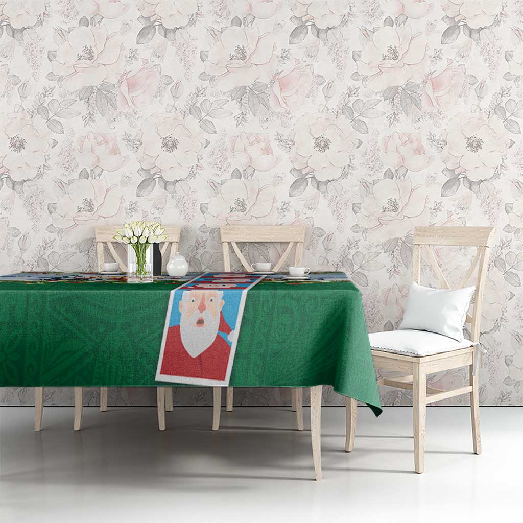 Merry Christmas Tablecloth Funny Santa Claus Cards Photo and Polynesian Pattern Green Color