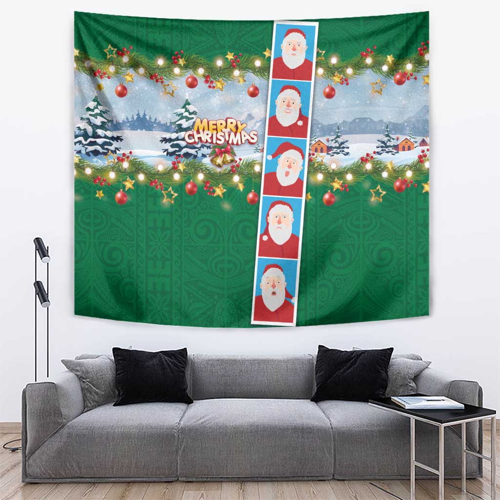 Merry Christmas Tapestry Funny Santa Claus Cards Photo and Polynesian Pattern Green Color LT03 Green - Polynesian Pride