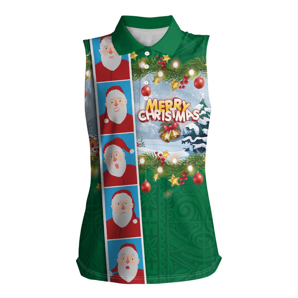 Merry Christmas Women Sleeveless Polo Shirt Funny Santa Claus Cards Photo and Polynesian Pattern Green Color