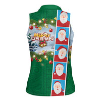 Merry Christmas Women Sleeveless Polo Shirt Funny Santa Claus Cards Photo and Polynesian Pattern Green Color